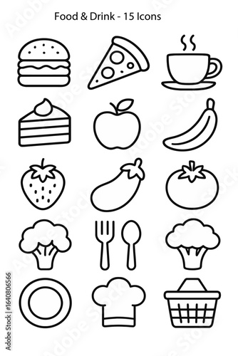 Food & Drink Icons – symbols for burger, pizza, coffee, tea, cake, fruits, vegetables, plate, utensils, chef hat, grocery basket.