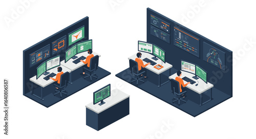 Isometric control room with tech professionals monitoring systems in modern office