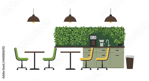 Modern cafe interior with greenery and coffee station in flat design
