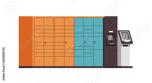 Modern parcel locker system with touchscreen kiosk