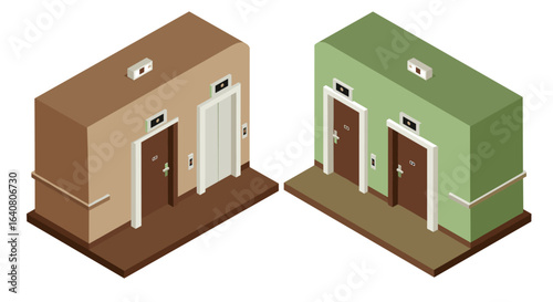 Isometric elevators in brown and green building interiors with closed doors and lights