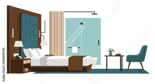 Modern bedroom interior design with stylish furniture and decor elements