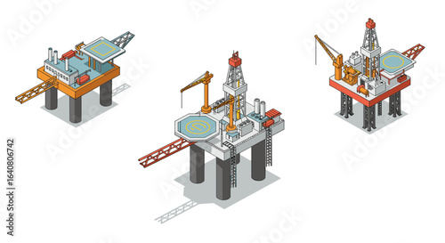 Isometric offshore oil rigs with industrial equipment and platforms against white background