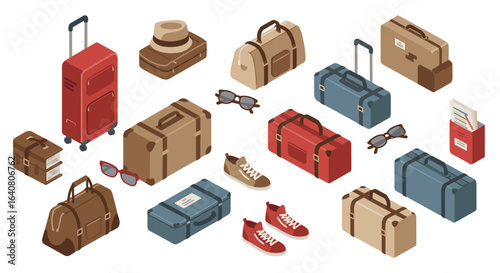 Isometric travel luggage and accessories collection with various bags and shoes