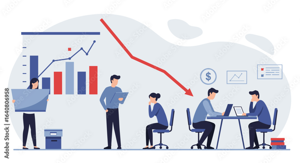 Business team analyzing declining graph and market trends in office setting Business team analyzing declining graph and market trends in office setting