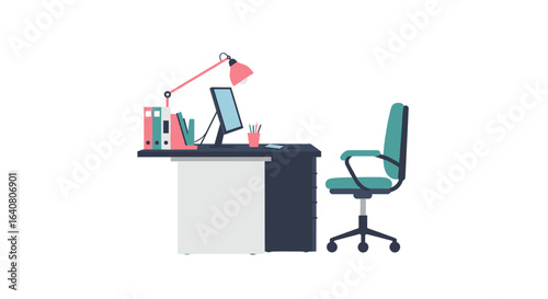 Modern office workspace with desk, chair, computer, and lamp in minimalist design