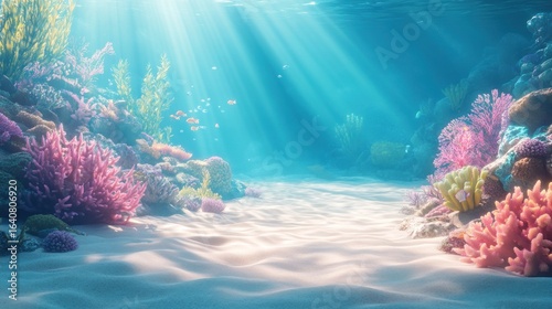 Fototapeta Naklejka Na Ścianę i Meble -  Sunlit ocean floor with vibrant coral reef and sandy bottom.