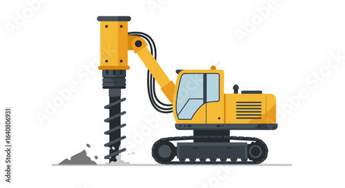 Excavator with auger in flat style drilling ground for construction projects