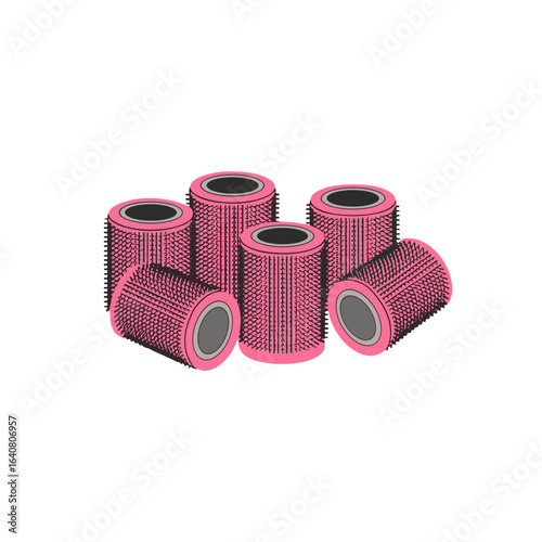 Six stylish pink velcro curlers on a transparent background