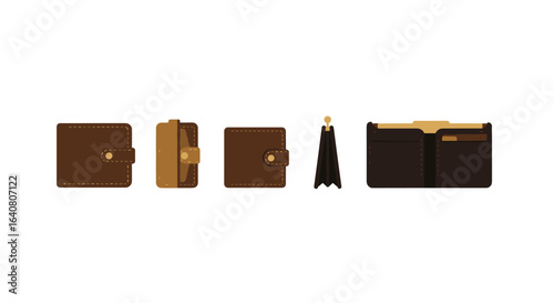 Set of minimalist leather wallet icons and accessories