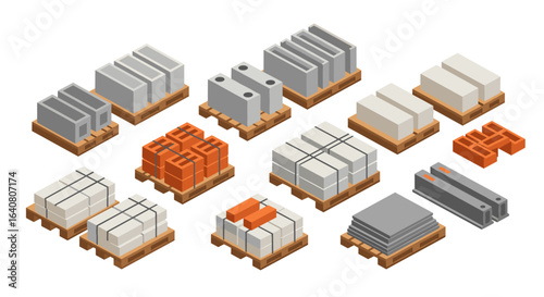 Building material pallets in isometric view with bricks and concrete blocks