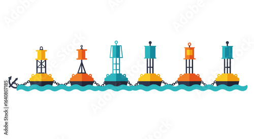 Colorful nautical buoys in flat design on ocean waves