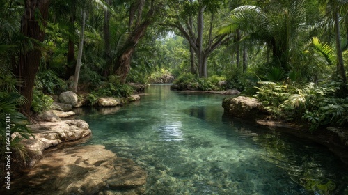 Clear Blue River in Lush Green Tropical Forest