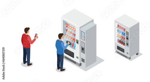 Isometric vending machine scene with people choosing snacks and drinks