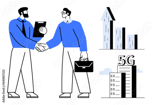 Two businessmen shaking hands, holding documents and briefcase. Growth bar chart, 5G building showcasing success, innovation. Ideal for technology, business, networking, partnerships development