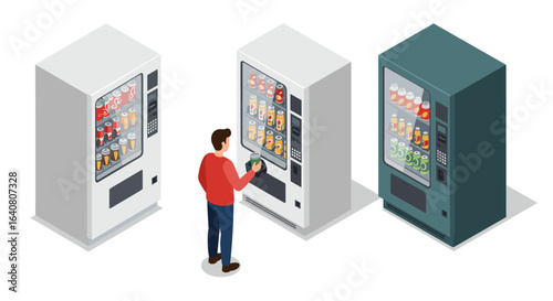 Man choosing beverage from isometric vending machines on white background