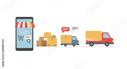 E-commerce delivery process with mobile app and vehicles in flat style