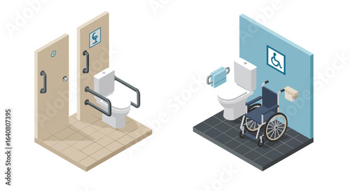 Accessible bathroom design with wheelchair and toilet with support rails