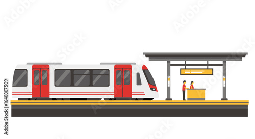 Modern commuters at train platform with red and white train in flat design
