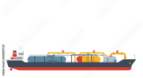 Flat style cargo ship with tanks on deck for industrial gas transportation
