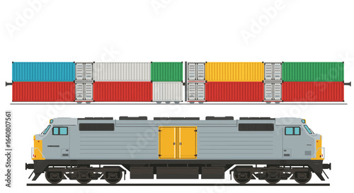 Colorful cargo train with shipping containers in side view on white background