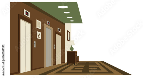 Stylish hotel corridor with modern elevators and geometric carpet design