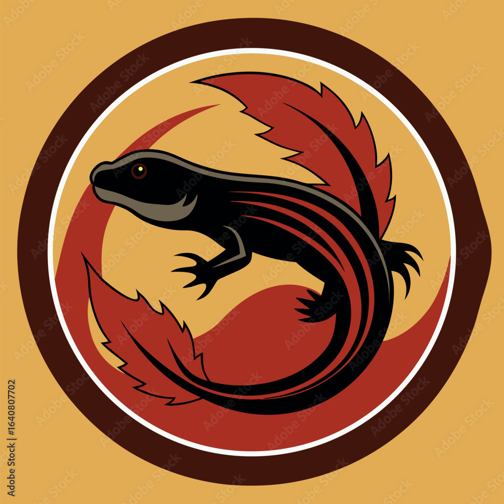 Obraz premium Illustration of a salamander surrounded by stylized flames on a vibrant background showcasing creativity and design