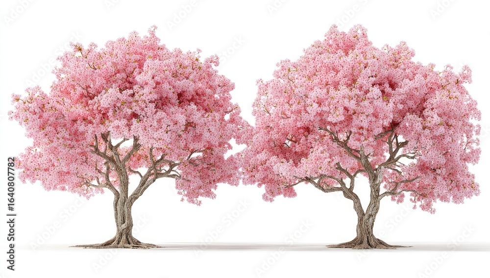 Fototapeta premium Two lush pink flowering trees against white