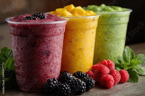 Three colorful frozen fruit smoothies in clear plastic cups
