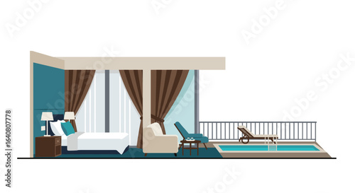 Luxury hotel suite with modern furniture and private balcony pool