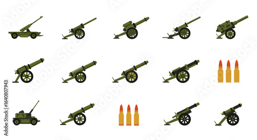 Set of artillery cannons and ammunition icons in flat style