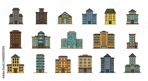 Collection of colorful linear style buildings on white background
