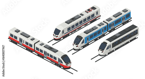 Modern isometric train set illustrations with detailed railcar designs