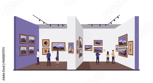 Art gallery exhibition with people viewing modern landscape paintings in minimalist interior
