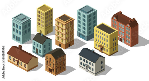Colorful isometric cityscape with diverse building designs