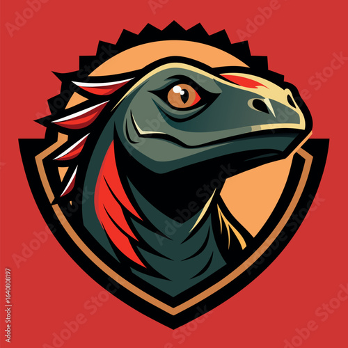 Dinosaur illustration with vibrant colors and a shield design showcasing unique details in a striking style