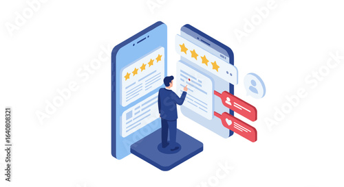 Isometric online review concept with ratings and user interaction