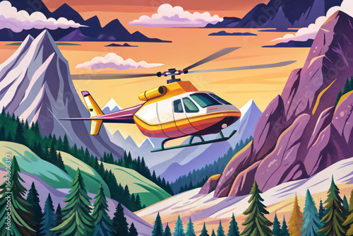 Air ambulance flying fast toward mountain rescue site, emergency medical transport, rapid response missions, alpine rescue operations, and high-altitude aviation safety visual