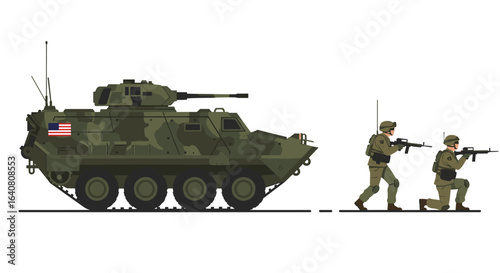 Modern military armored vehicle and soldiers in tactical combat gear
