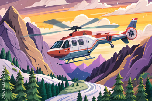 Air ambulance flying fast toward mountain rescue site, emergency medical transport, rapid response missions, alpine rescue operations, and high-altitude aviation safety visual