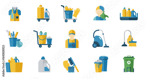 Collection of flat style cleaning tools and equipment icons in blue and yellow