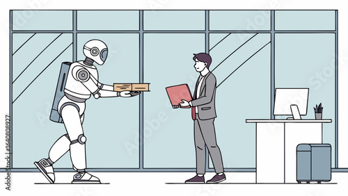 Robot delivering boxes to a man in an office with a desk and computer near a large window pane