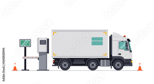 White delivery truck at toll booth with security inspection in flat style