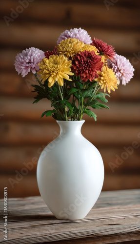 Wallpaper Mural White ceramic vase with colorful chrysanthemum flowers on wooden table, rustic background, natural light, cheerful and elegant decor Torontodigital.ca