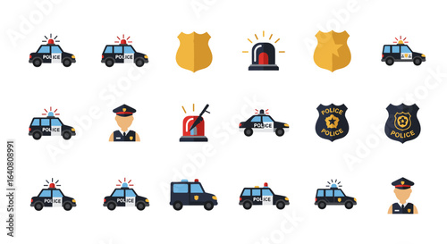 Police icon set: cars, badges, sirens, and officers in flat style