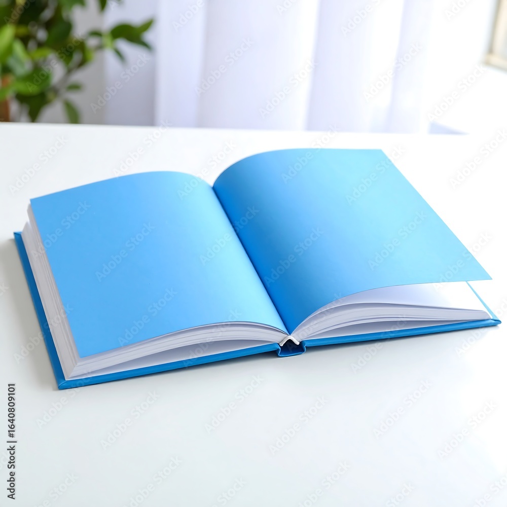 Fototapeta premium Open book with blank, light blue pages rests on a white surface