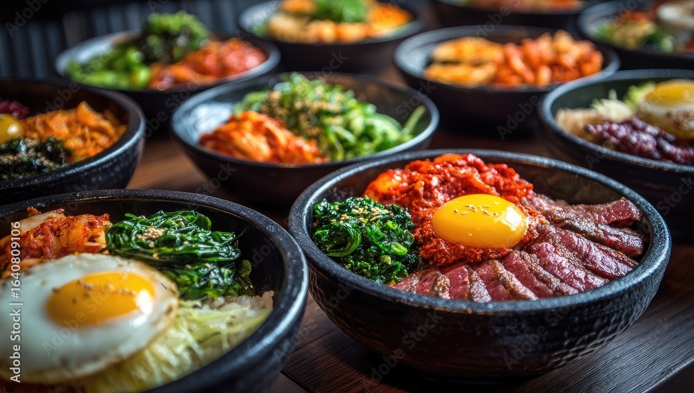 Fototapeta premium Multiple bowls of vibrant Korean Bibimbap