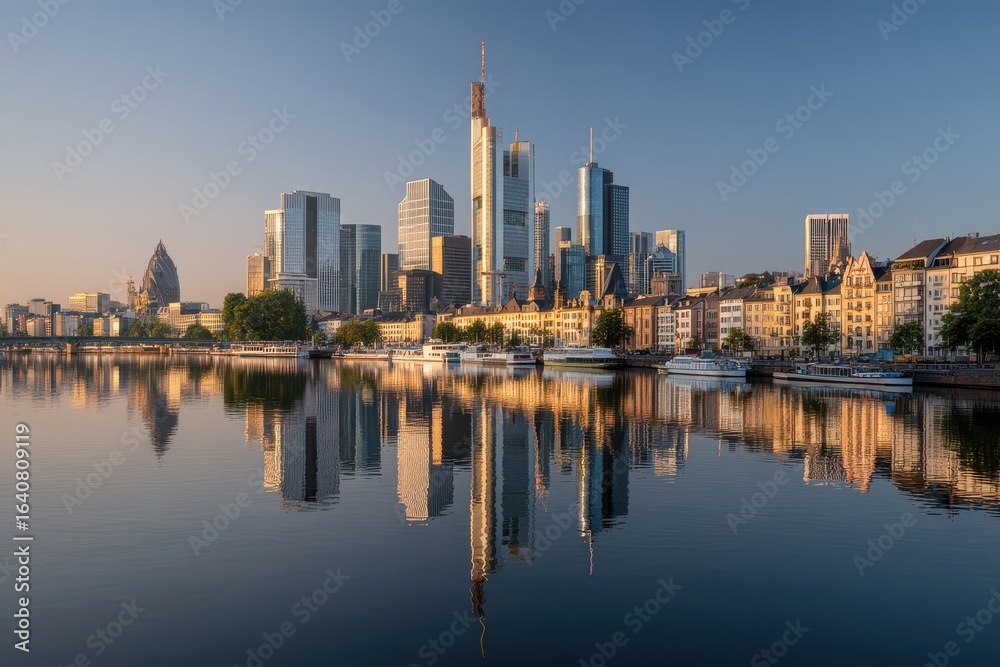 Naklejka premium Scenic Sunrise Over City Skyline with Reflection in Calm Water