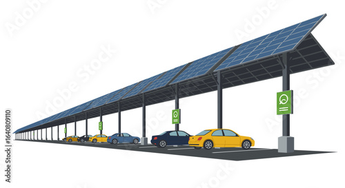 Solar-powered parking lot with charging stations and cars