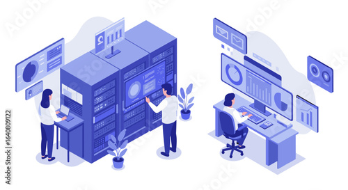 Isometric data center and network monitoring with it professionals in blue tones